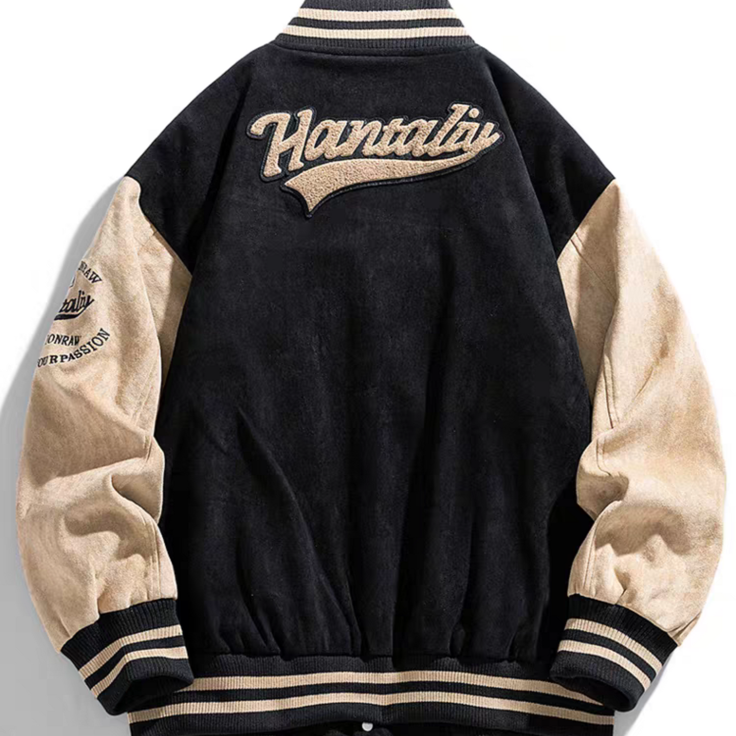 Back flatlay view of black and beige Hantaliv varsity jacket featuring chenille embroidery and striped collar and cuffs