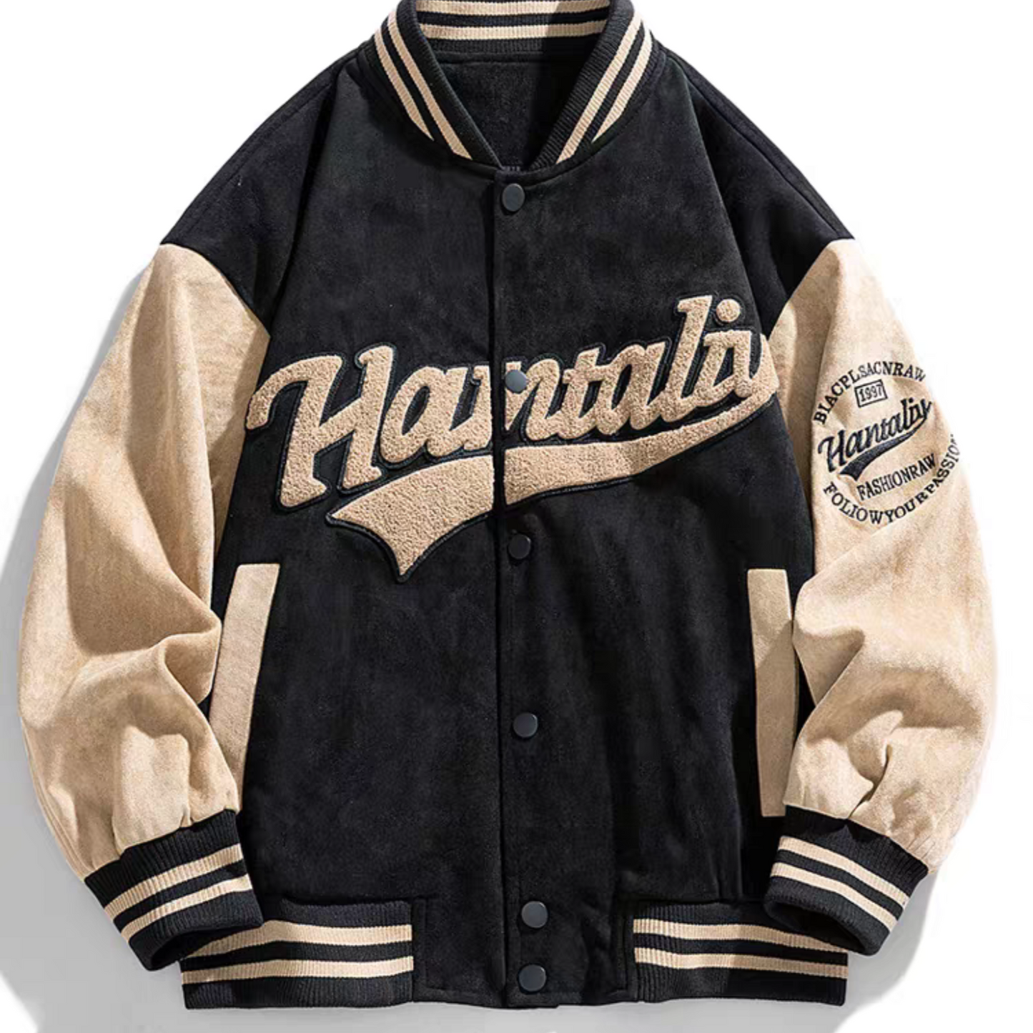 Front flatlay view of black Hantaliv varsity jacket with beige sleeves, striped cuff, and bold chenille embroidery