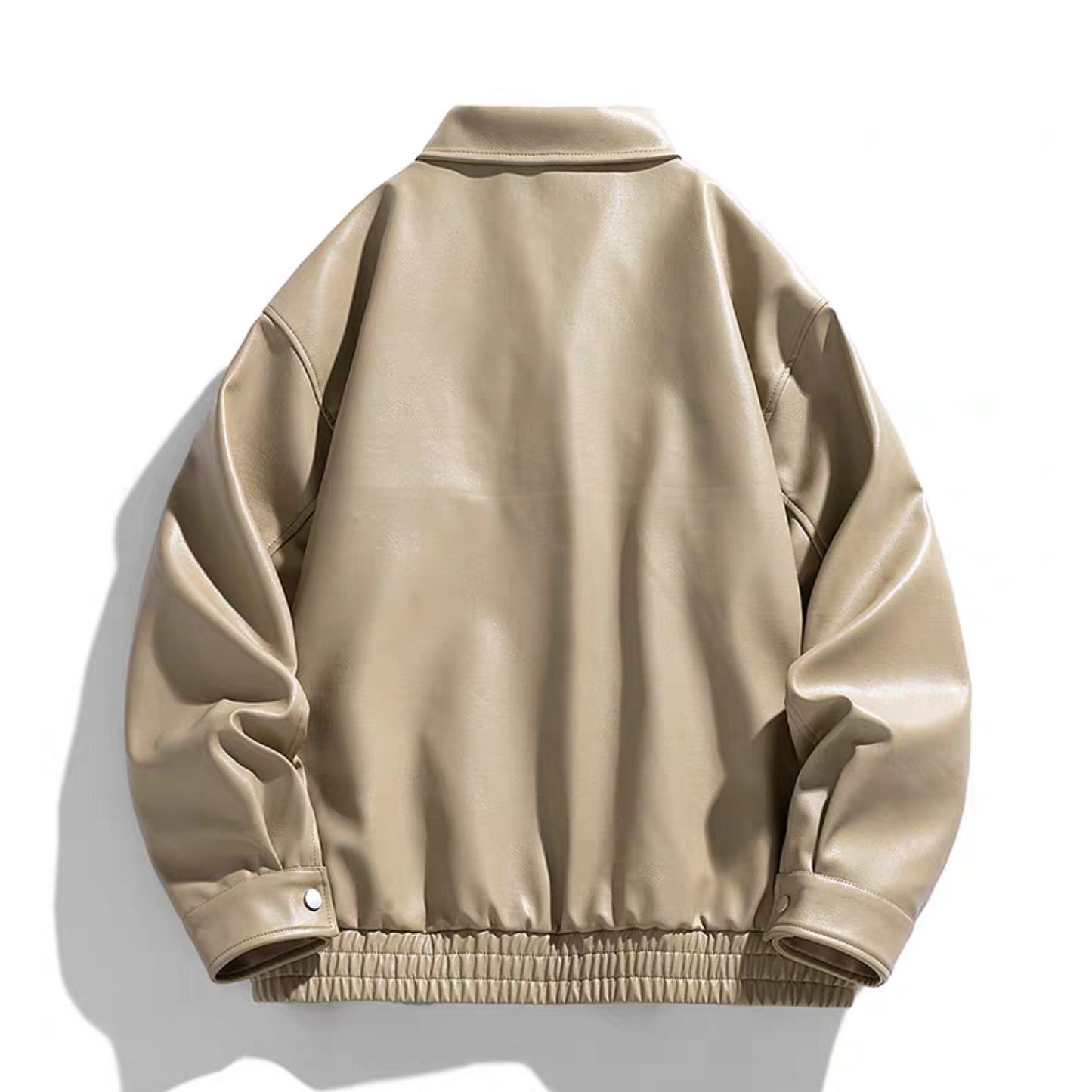 Back view of khaki PU leather jacket with elastic hem and smooth finish