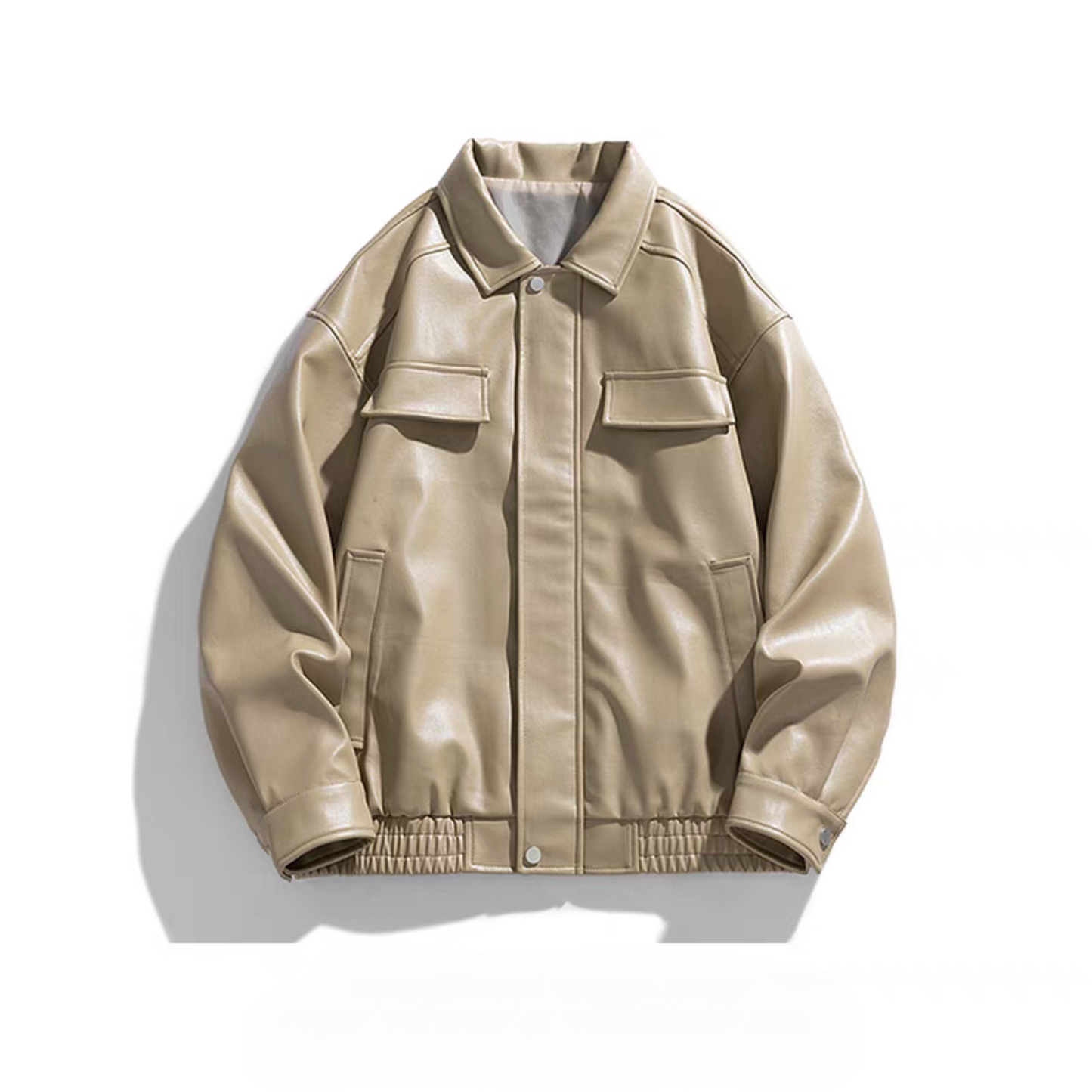 Khaki PU varsity jacket laid flat, front view. Features structured collar, chest flap pockets, and ribbed hem. Clean studio background highlights neutral tone.