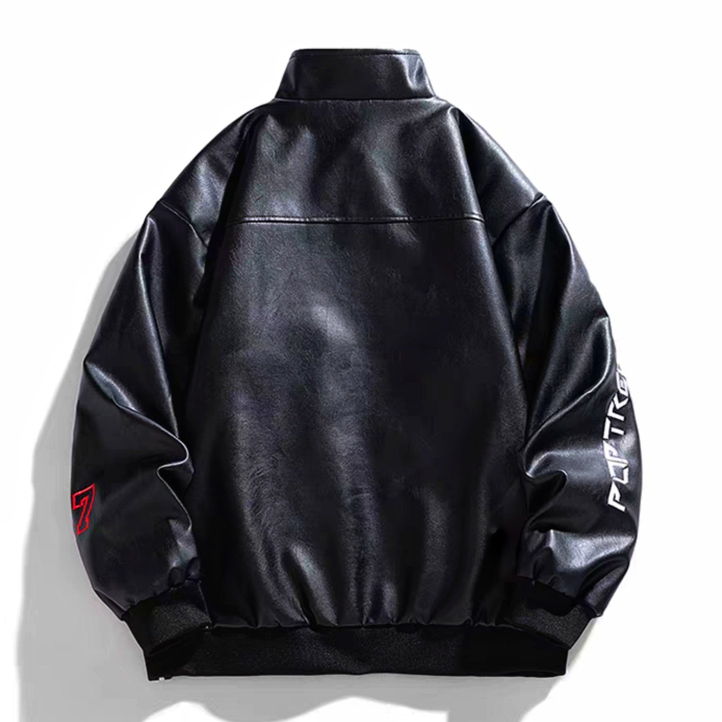 Back view of the black PU racing jacket with printed sleeve details