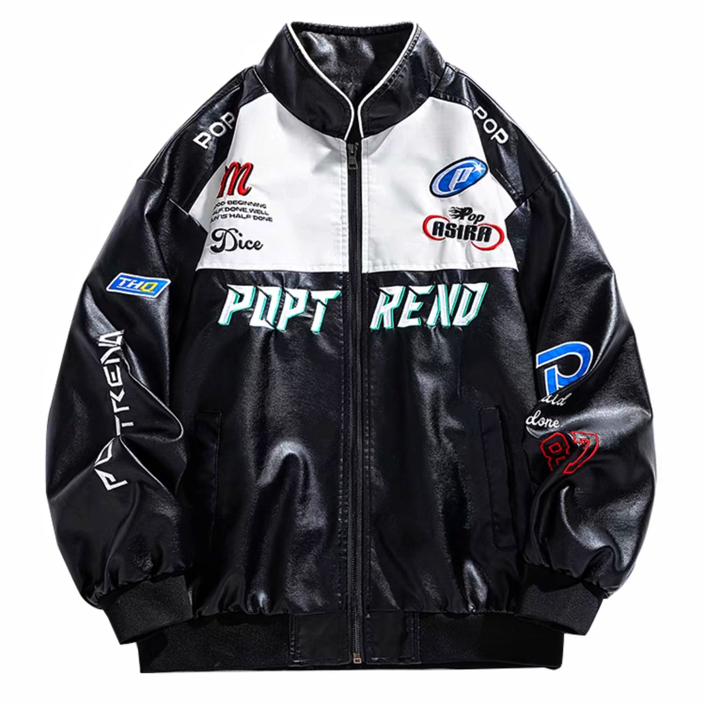 Front view of black moto racing-style PU leather jacket with ''Pop Trend'' lettering and colorful embroidered sponsor patches