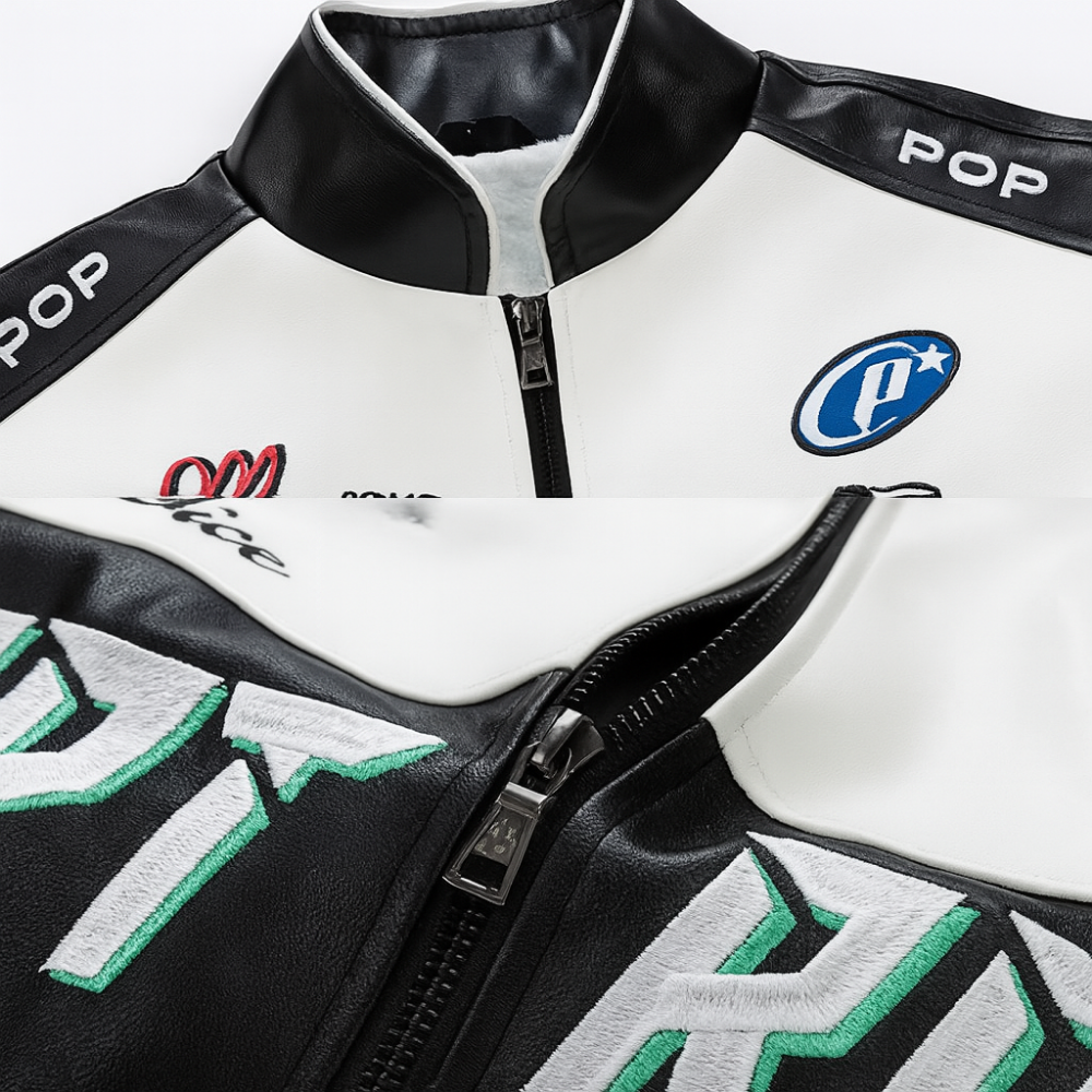 Close-up of moto racing jacket collar and zipper with embroidered logos and contrast PU panel
