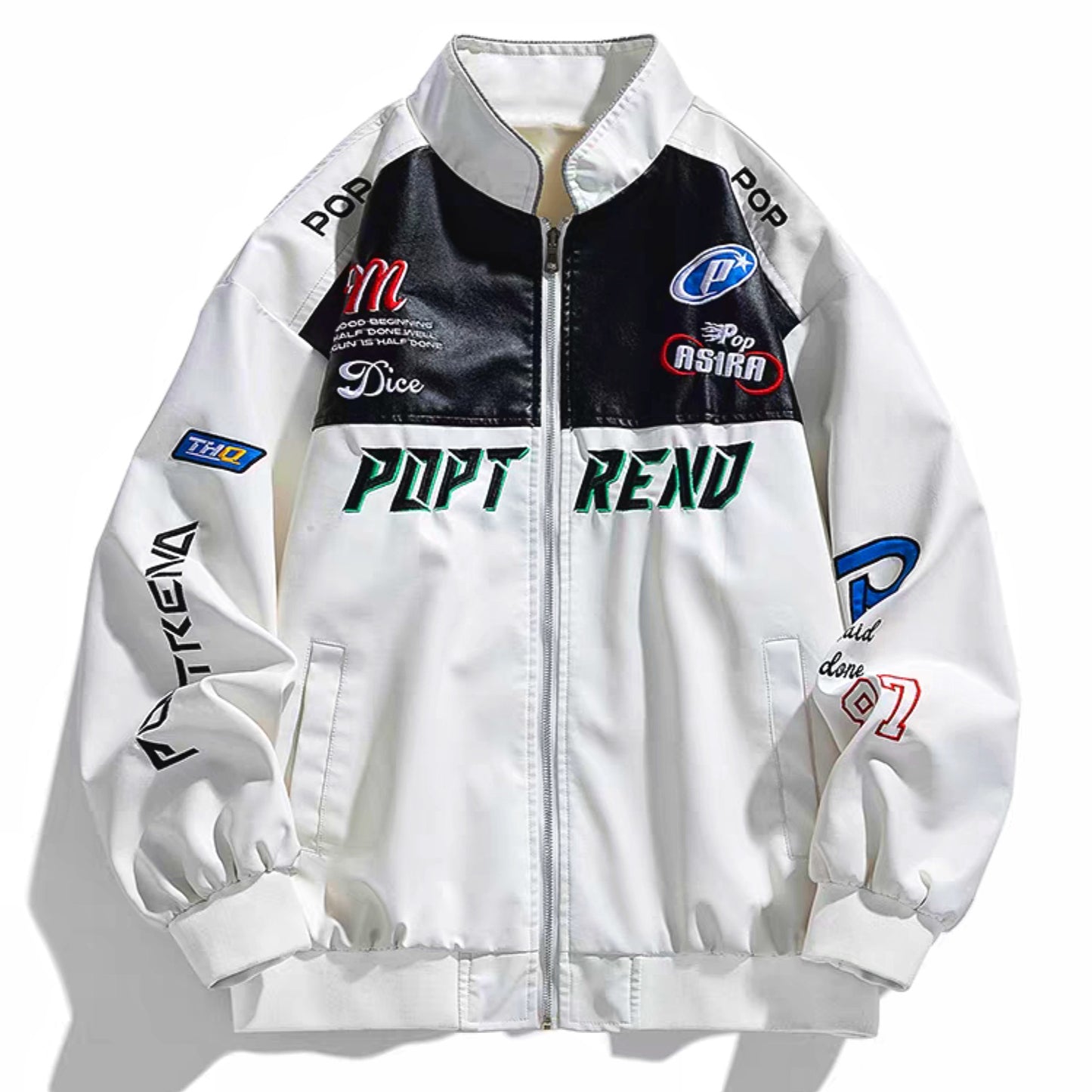 Front view of white racing-style PU leather jacket featuring bold ''Pop Trend'' text and multiple embroidered sponsor-style patches