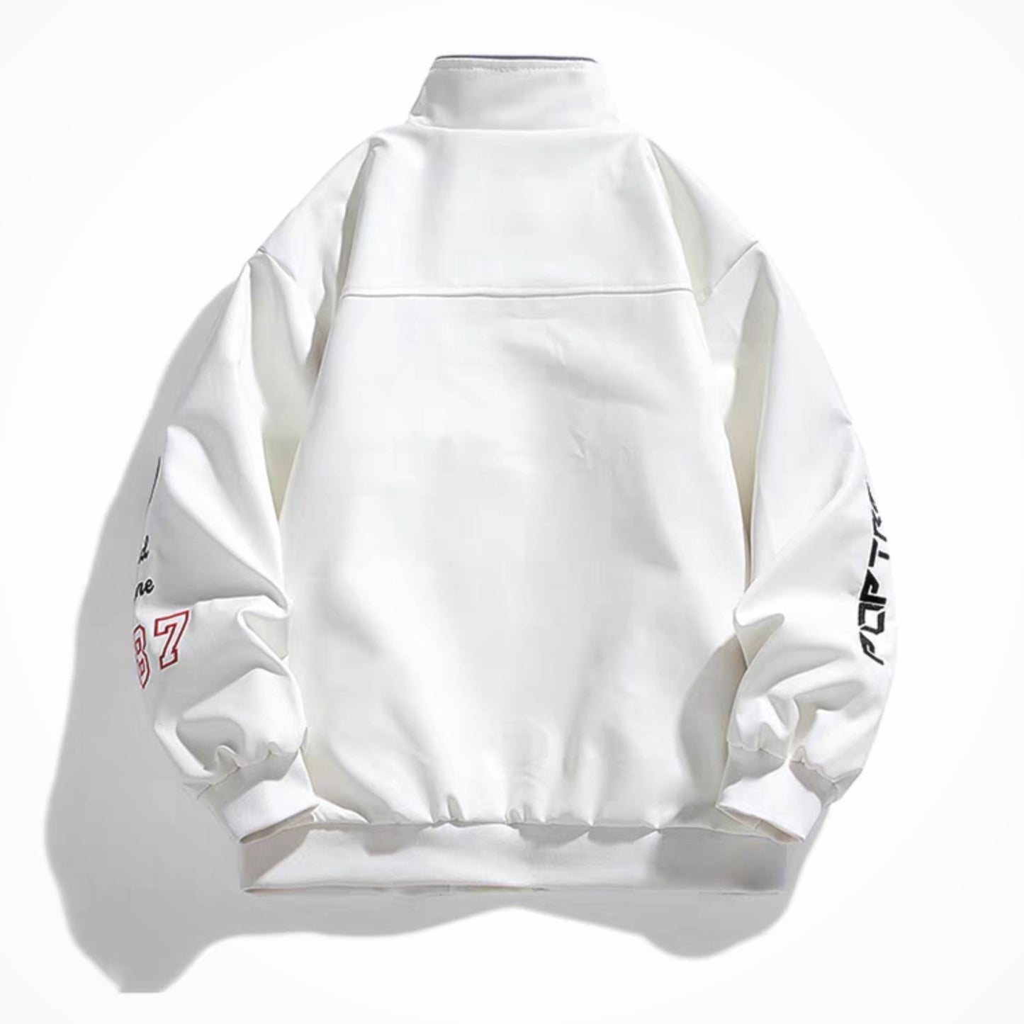 Clean back view of white PU leather racing jacket with minimal seam design and printed sleeve logos, Poptrend streetwear style