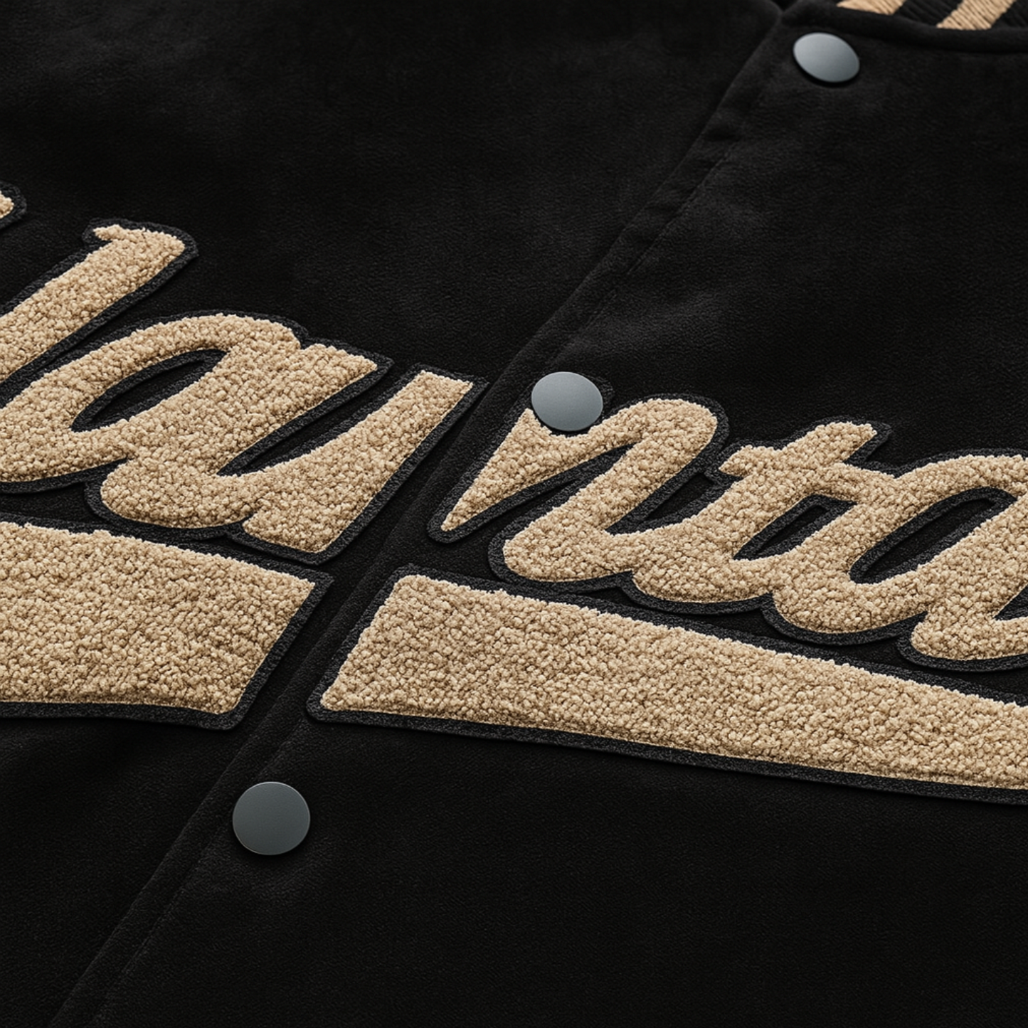 Detailed close-up of chenille ''Hantaliv'' lettering and matte snap buttons on black suede varsity jacket