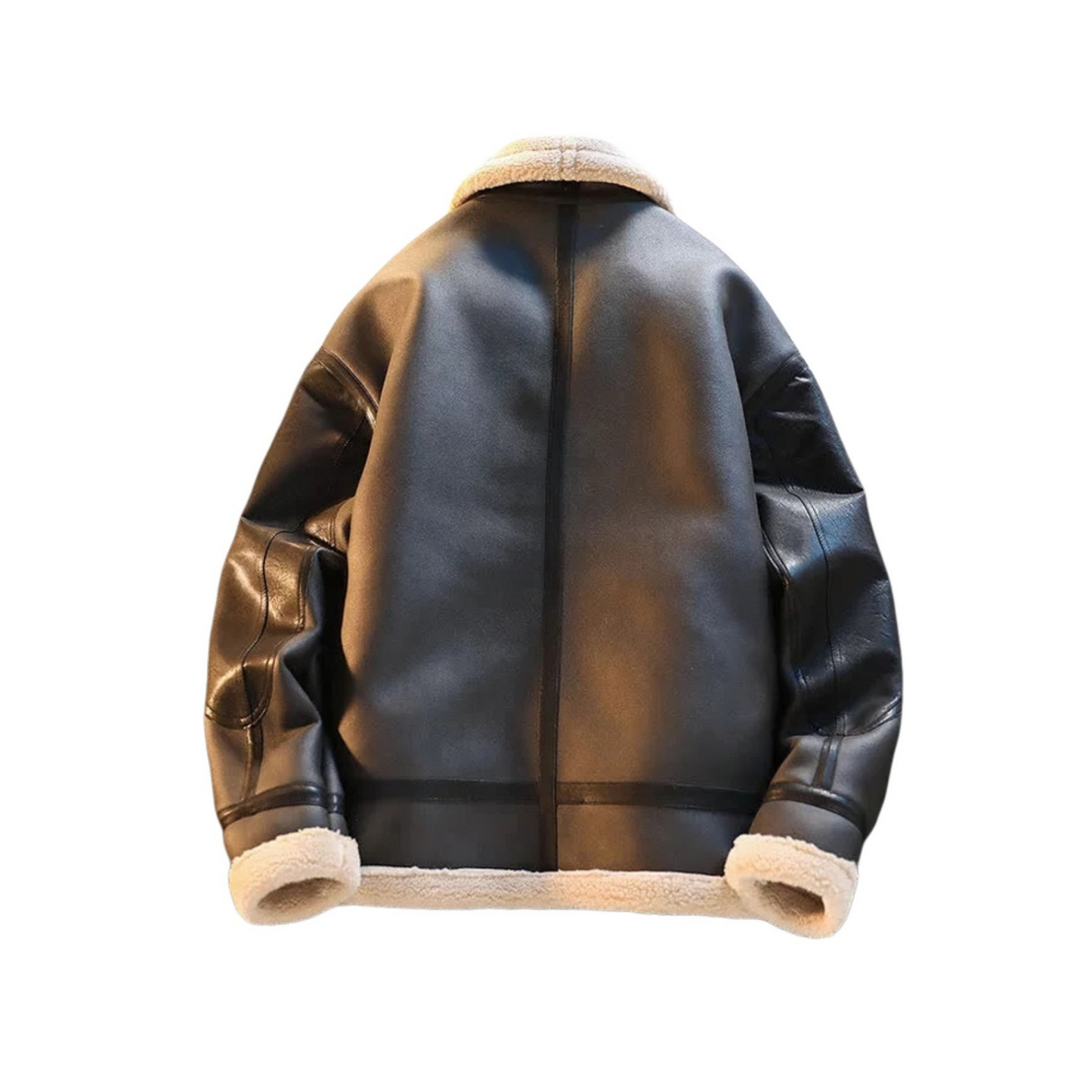 Back view of black faux shearling aviator jacket with shearling hem