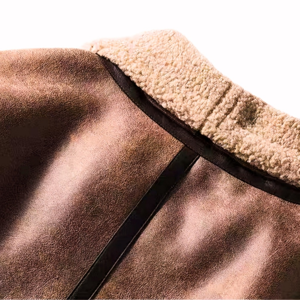 Back view of brown faux shearling aviator jacket collar, showcasing vegan suede texture and shearling lining
