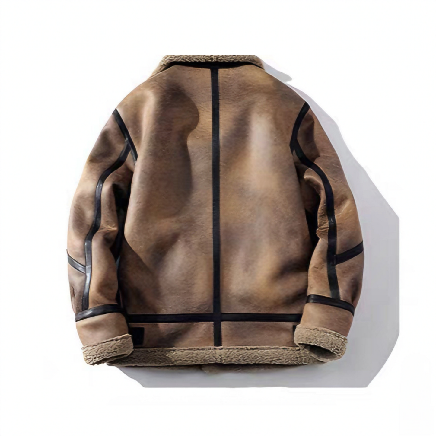 Back view of brown faux shearling aviator jacket with shearling hem
