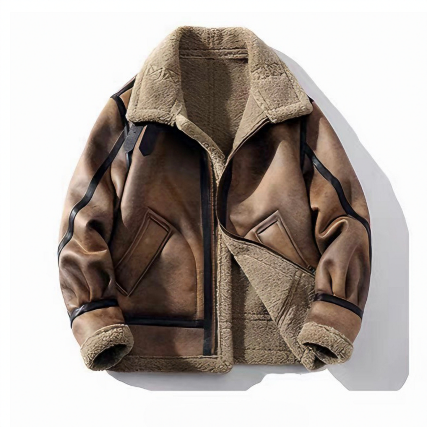Brown faux shearling aviator jacket in vegan suede, oversized winter fit