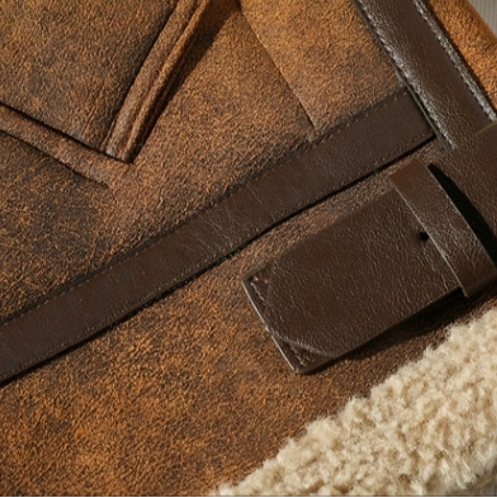 Detail of brown faux suede aviator jacket waist belt and side pocket with leather trim and shearling peek