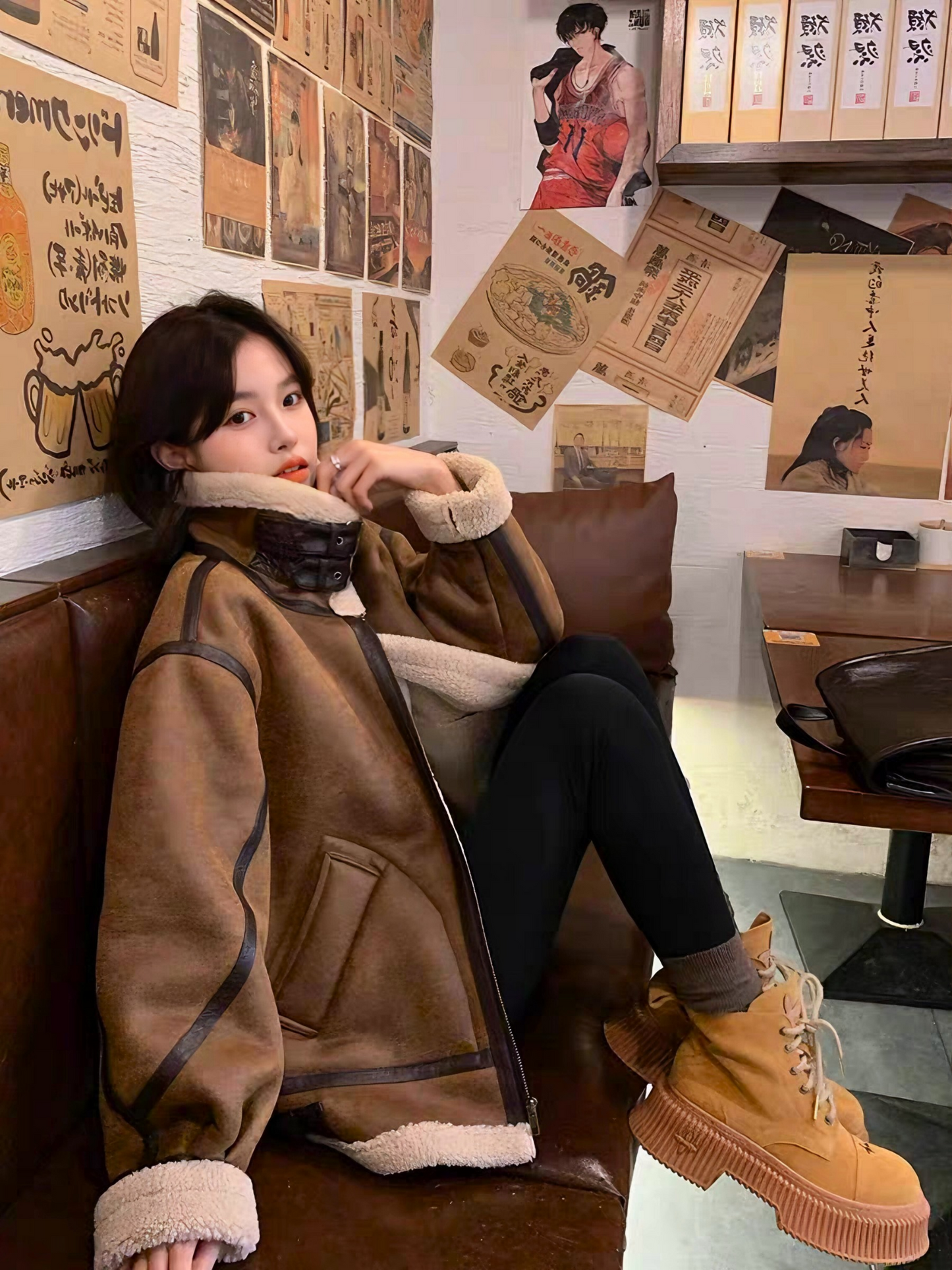 Woman wearing oversized brown faux shearling aviator jacket with high collar, sitting in Japanese-style cafe interior