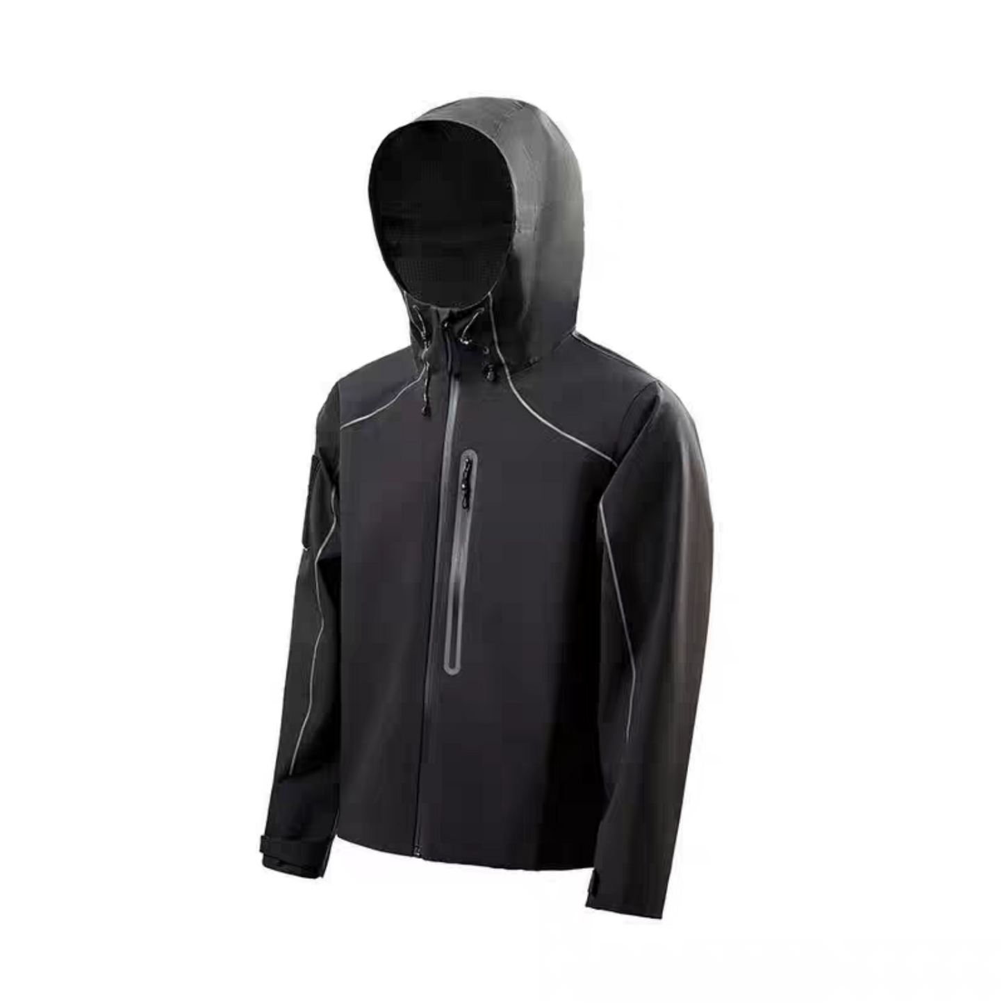 Black techwear reflective hooded jacket with waterproof zipper and contrast piping, front side view