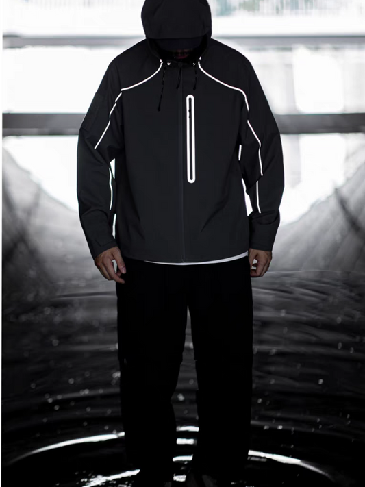 Hooded model showcasing STVLE lightsaber reflective jcaket in front view, standing in a water-themed sci-fi backdrop