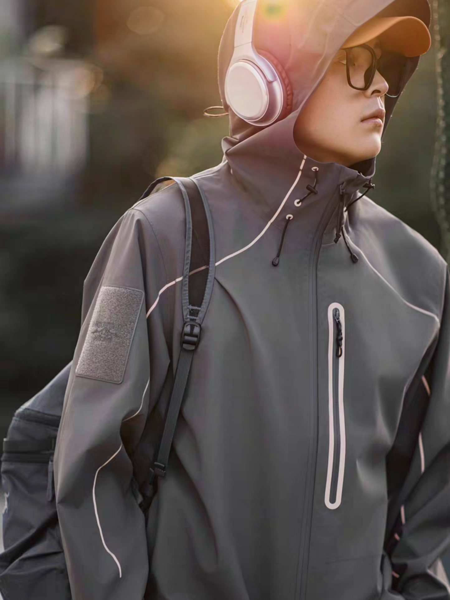 Model in STVLE lightsaber reflective techwear jacket, outdoor city look with headphones and backpack