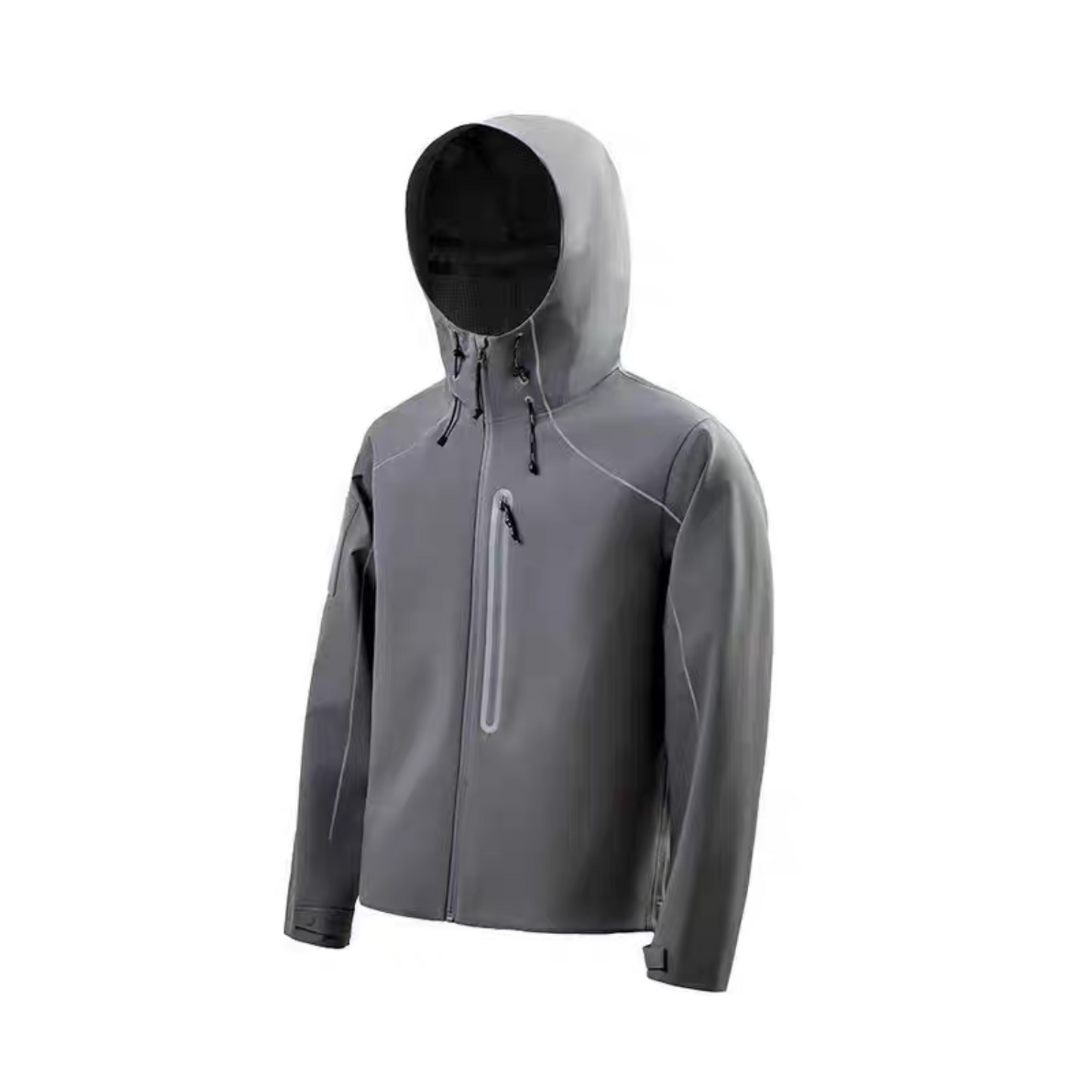 Front view of the STVLE lightsaber techwear jacket with hood up, displayed on white background, highlighting waterproof material and minimalist design