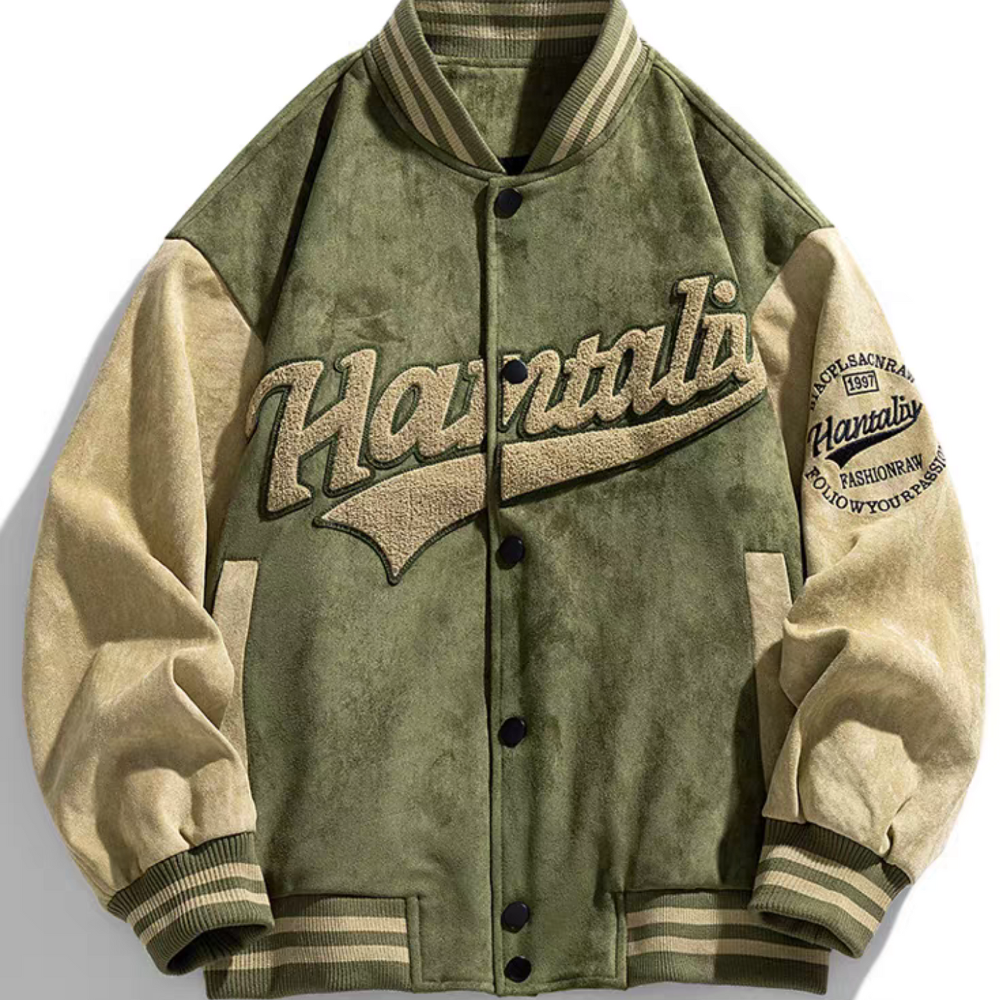 Retro suede varsity jacket with embroidered “Hantaliv” front design