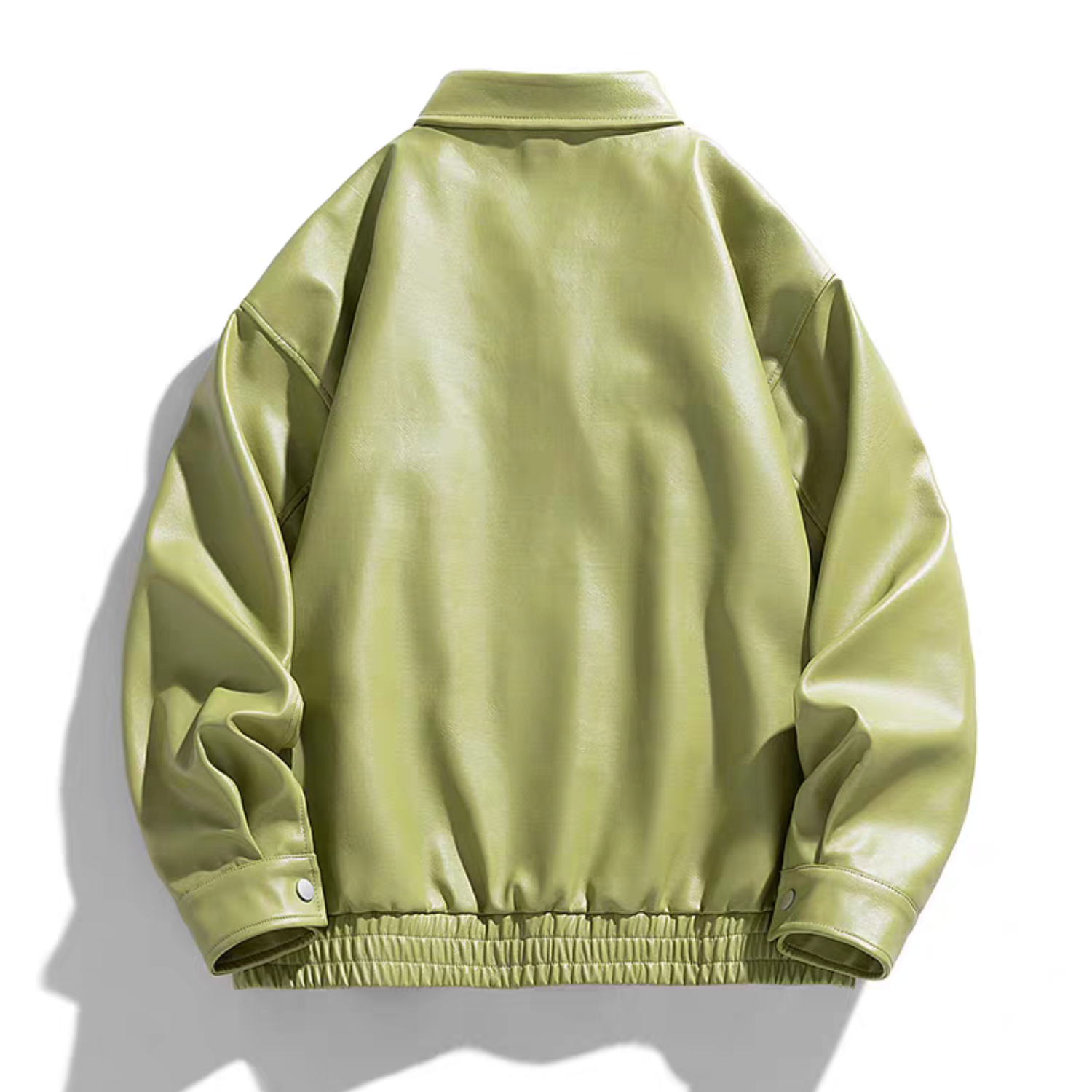 Flat lay back view of light green faux leather varsity jacket with elastic hem and button cuffs on white background