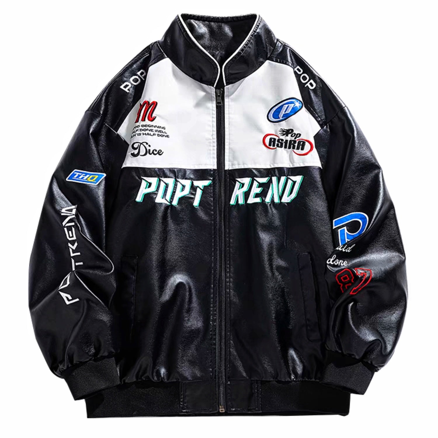 Front view of black moto racing-style PU leather jacket with ''Pop Trend'' lettering and colorful embroidered sponsor patches