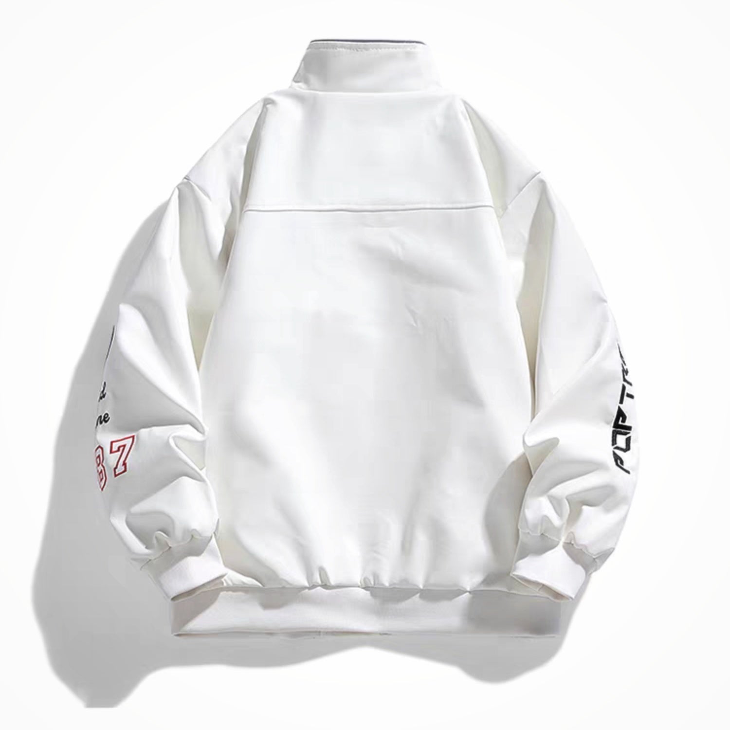 Clean back view of white PU leather racing jacket with minimal seam design and printed sleeve logos, Poptrend streetwear style