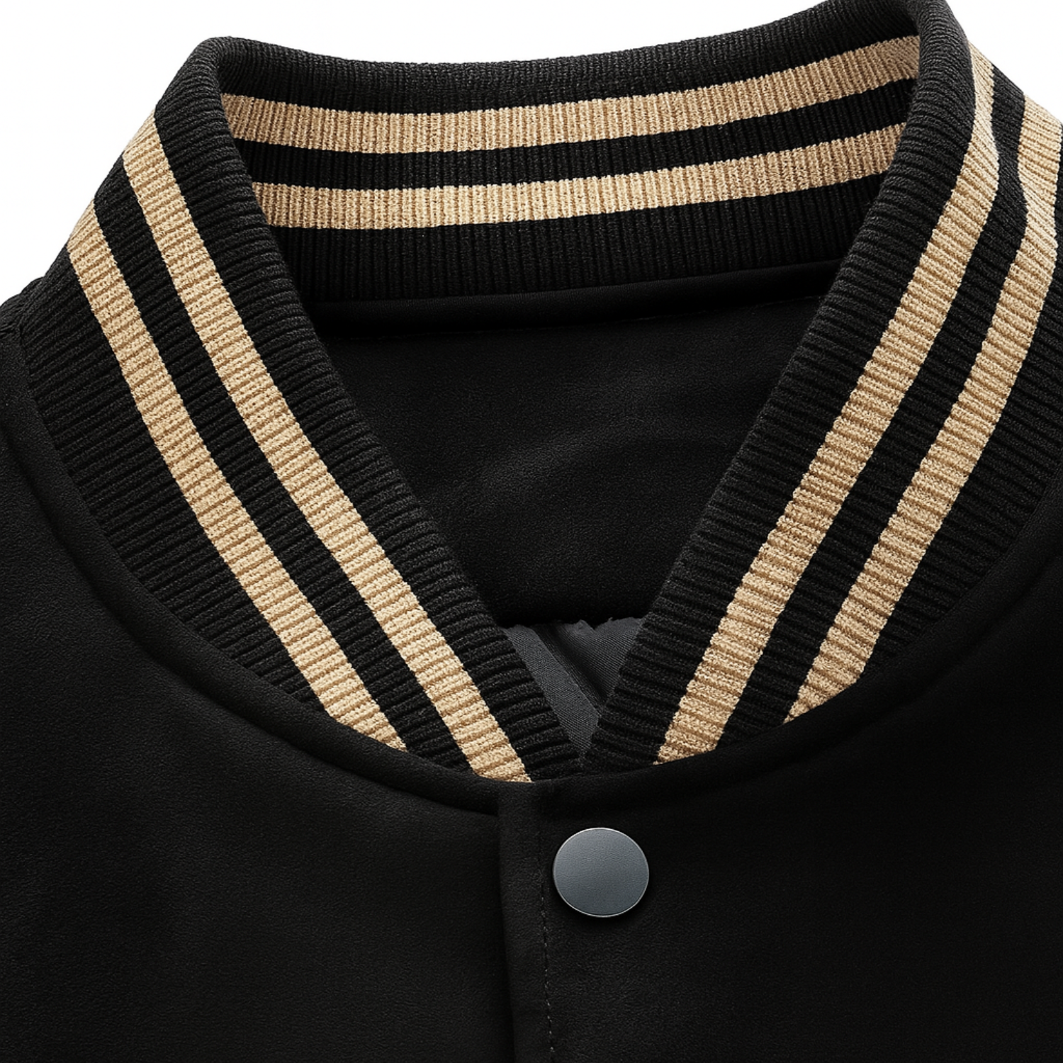 Close-up of black and beige striped ribbed collar on Hantaliv VARSITY Jacket with snap button closure