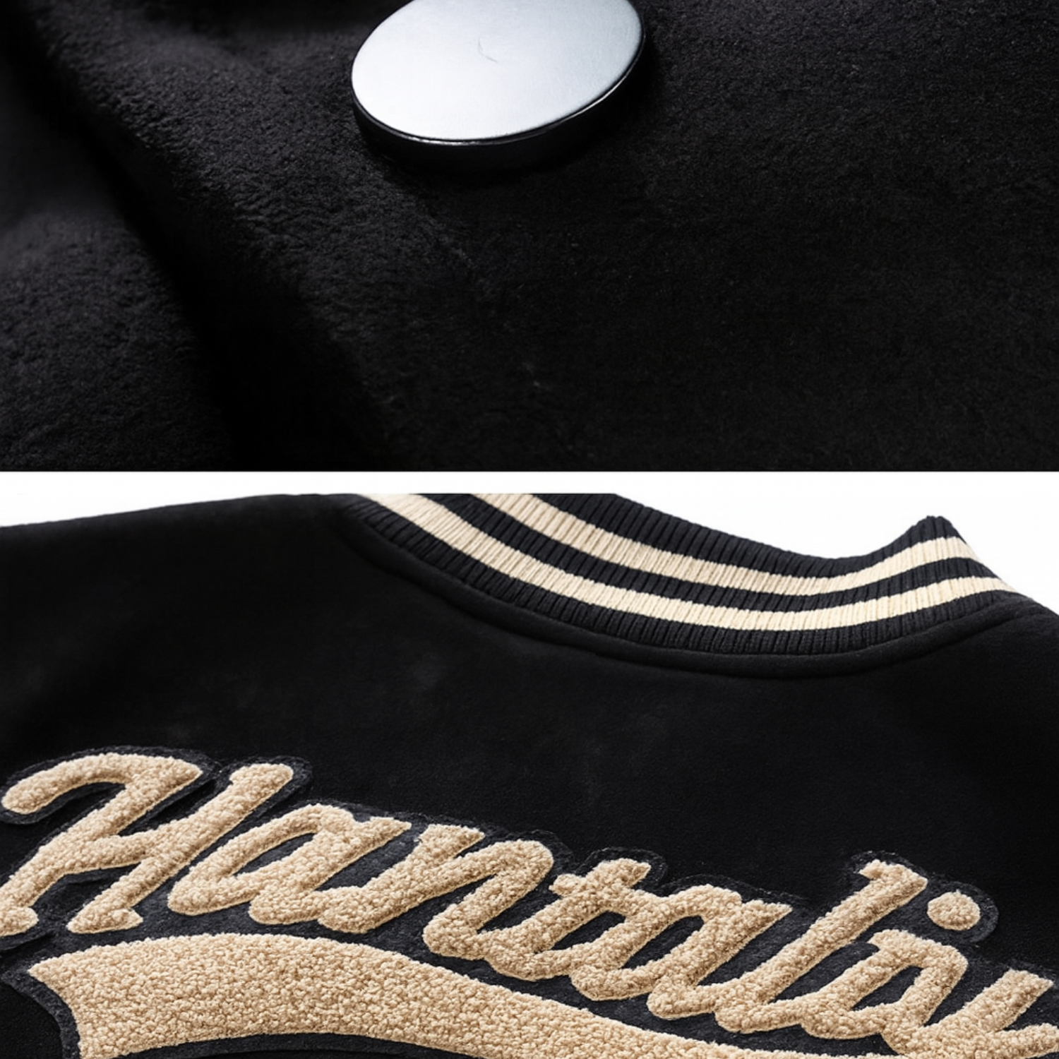 Close-up showing the matte snap utton and embroidered ''Hantaliv'' logo on black suede varsity jacket