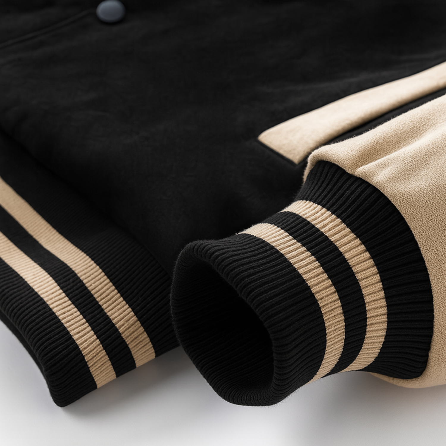 Close-p of ribbed cuff and hem with beige and black stripes on Hantaliv varsity jacket sleeve