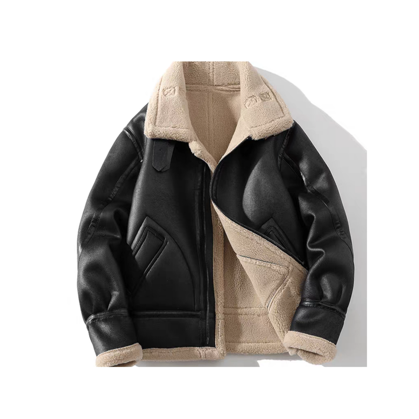 Black faux shearling aviator jacket in vegan suede, oversized winter fit