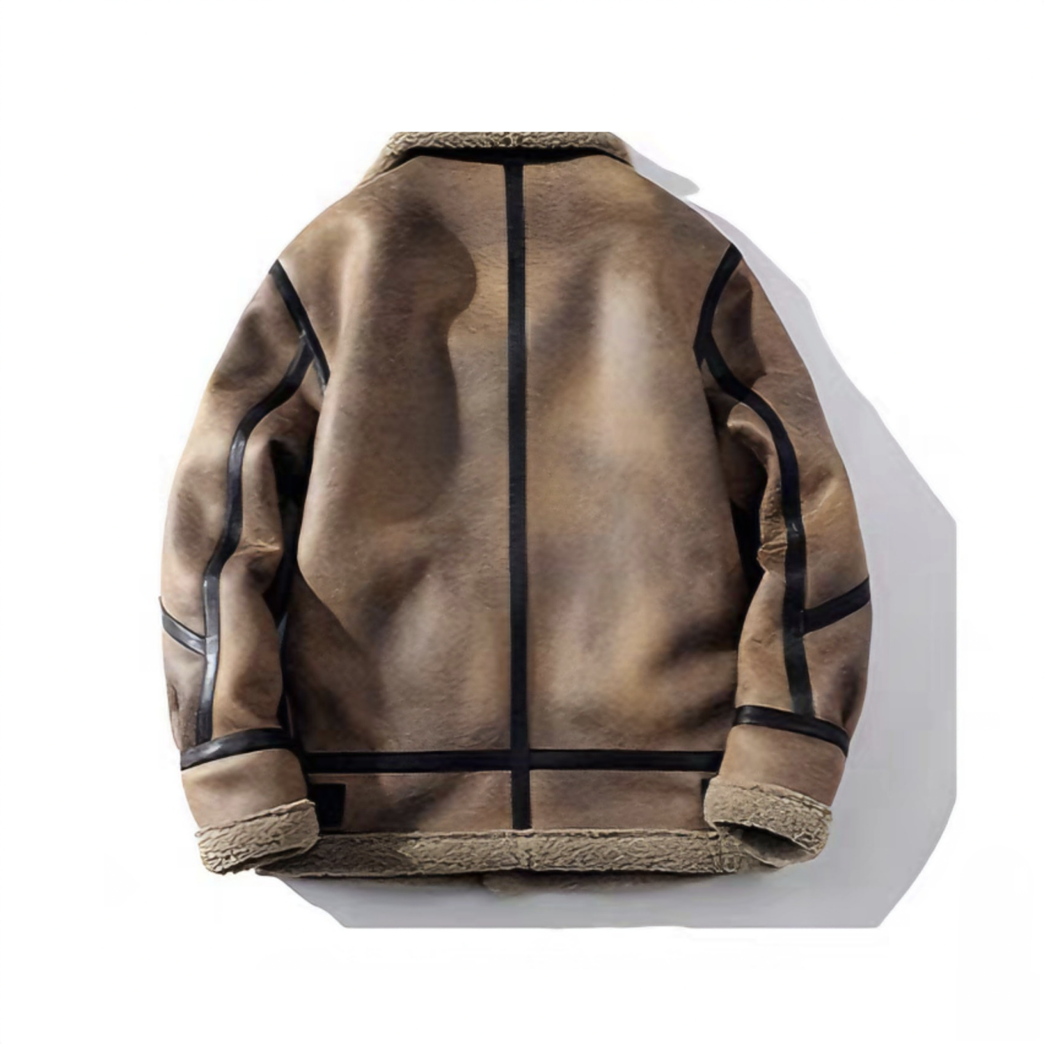 Back view of brown faux shearling aviator jacket with shearling hem