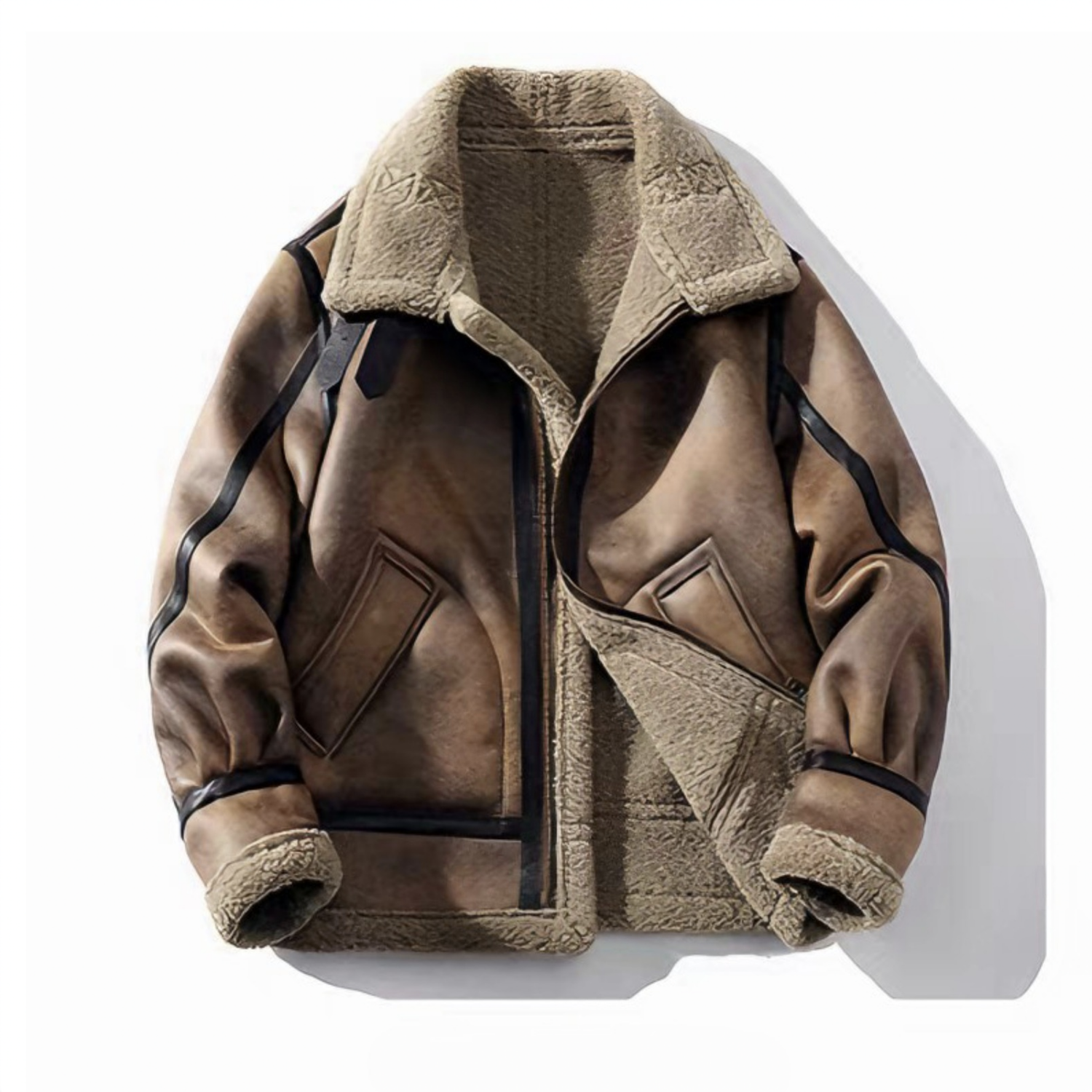 Brown faux shearling aviator jacket in vegan suede, oversized winter fit
